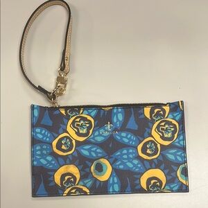 Carlota Blue and Yellow Abstract Floral Women's Leather Wristlet Clutch / NWOT